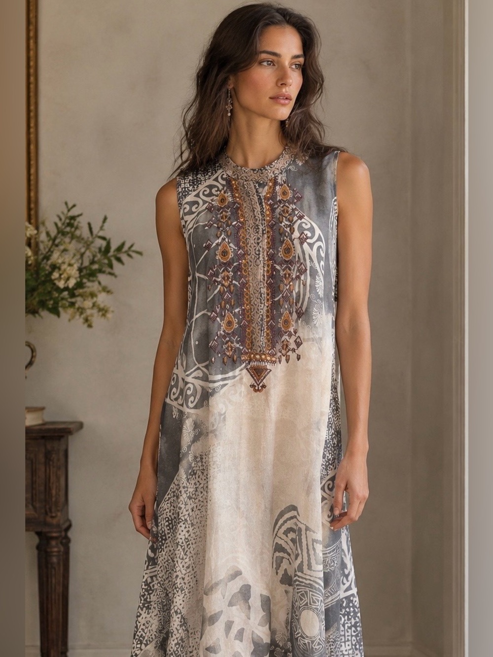 Johnny Was Biya Silk Embroidered Long Tunic Dress Semi Sheer Boho Flowy Artsy